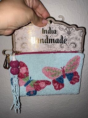 Butterfly Beaded  Zip Pouch - Light Blue & Pink